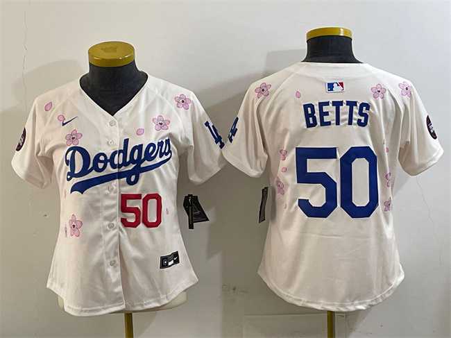 Women%27s Los Angeles Dodgers #50 Mookie Betts Cream 2025 Tokyo Series Limited Stitched Jersey